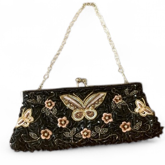 Beaded kiss lock bag with butterflies vintage look and classic style - Picture 3 of 4
